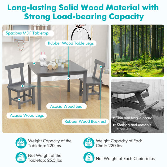 Wooden Kids Table and 2 Chairs Set with Anti-slip Foot Pads-Gray