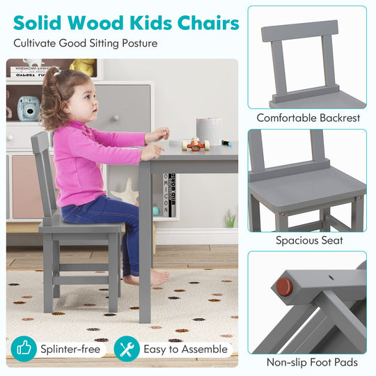 Wooden Kids Table and 2 Chairs Set with Anti-slip Foot Pads-Gray