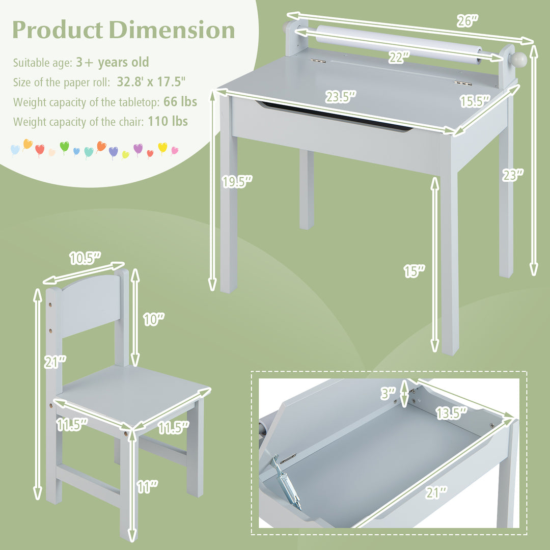 Wooden Kids Table and Chair Set with Storage and Paper Roll Holder-Gray
