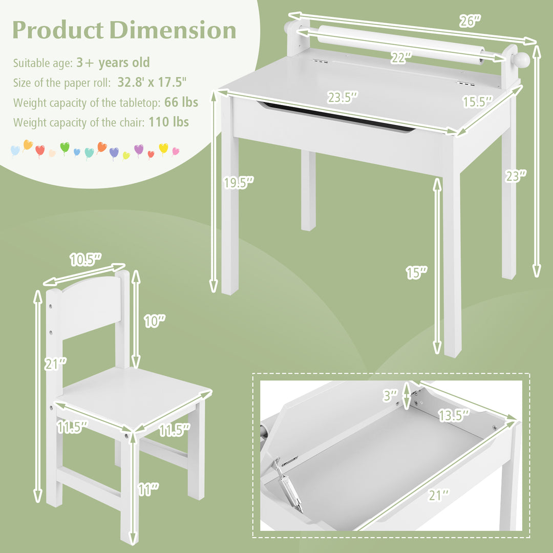 Wooden Kids Table and Chair Set with Storage and Paper Roll Holder-White