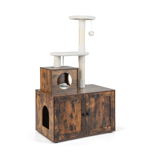 Cat Tree with Litter Box Enclosure with Cat Condo-Rustic Brown