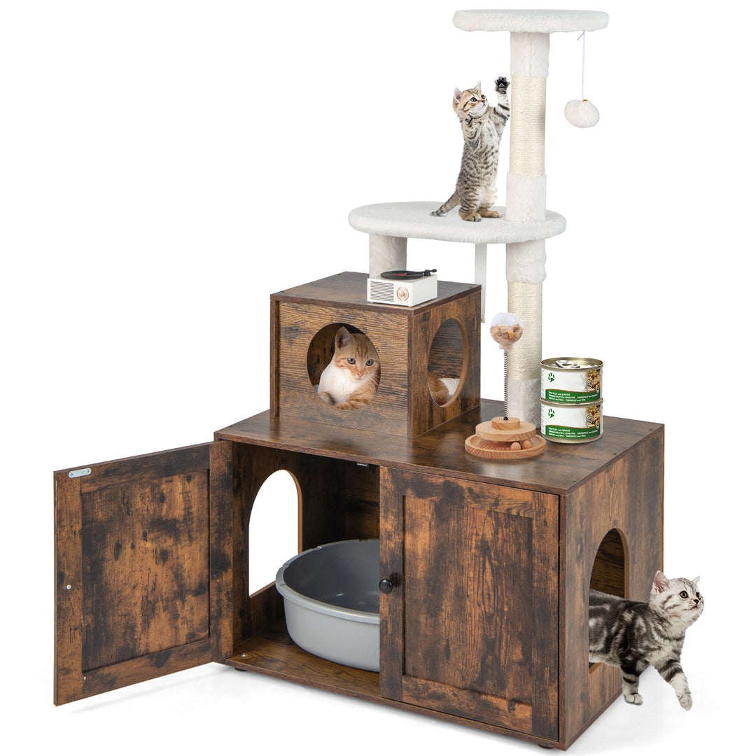 Cat Tree with Litter Box Enclosure with Cat Condo-Rustic Brown