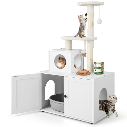 Cat Tree with Litter Box Enclosure with Cat Condo-White