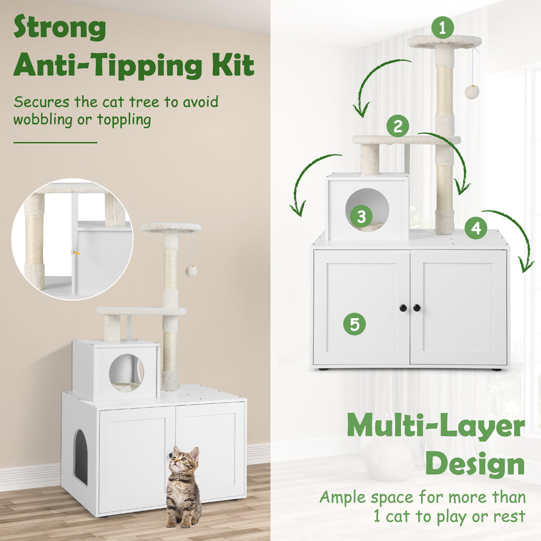Cat Tree with Litter Box Enclosure with Cat Condo-White