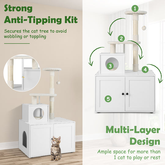 Cat Tree with Litter Box Enclosure with Cat Condo-White