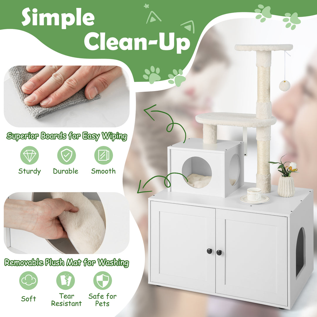 Cat Tree with Litter Box Enclosure with Cat Condo-White