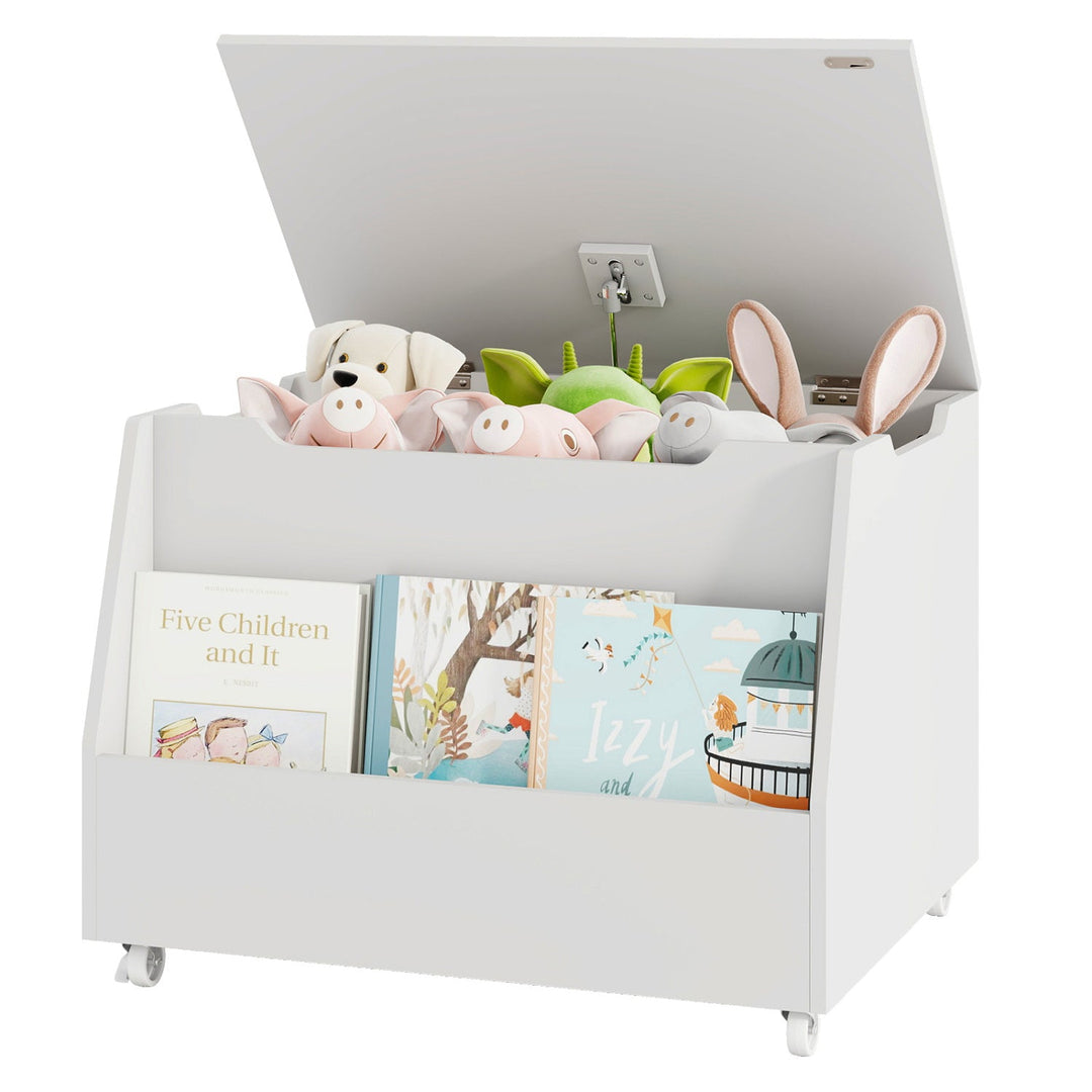 Wooden Mobile Toy Storage Organizer with Bookshelf and Lockable Wheels