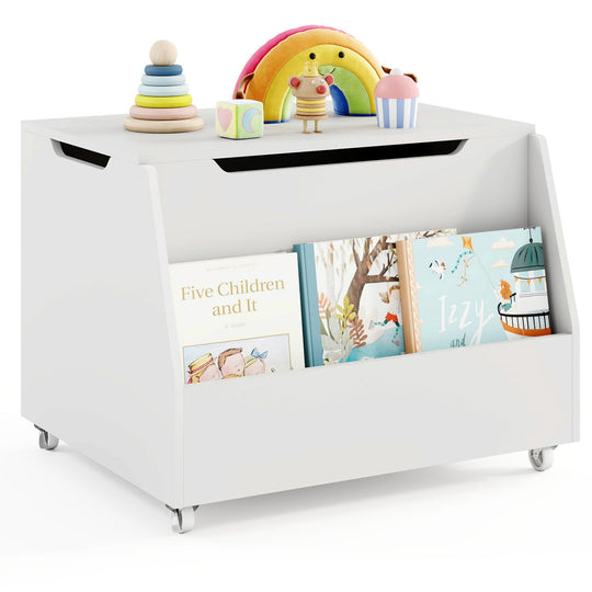Wooden Mobile Toy Storage Organizer with Bookshelf and Lockable Wheels