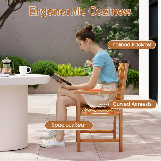 Solid Acacia Wood Patio Chairs Set of 2 with Slatted Seat and Inclined Backrest for Porch
