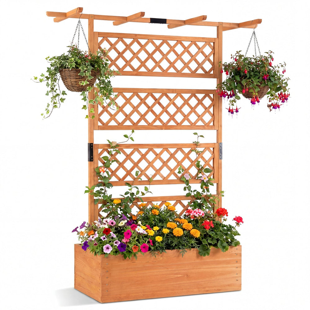Wooden Planter Box with Lattice Trellis Raised Garden Bed Privacy Screen with Flat Roof