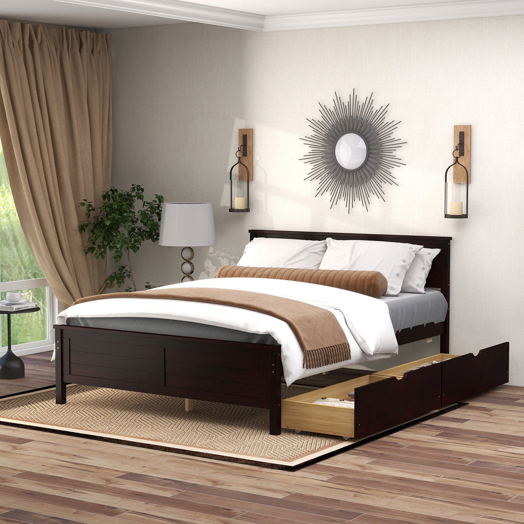 Full Size Bed Frame with Storage Drawers and Solid Wood Headboard