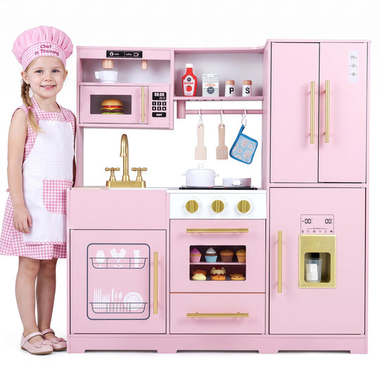Wooden Play Kitchen with Lights & Sounds for Kids Ages 3+