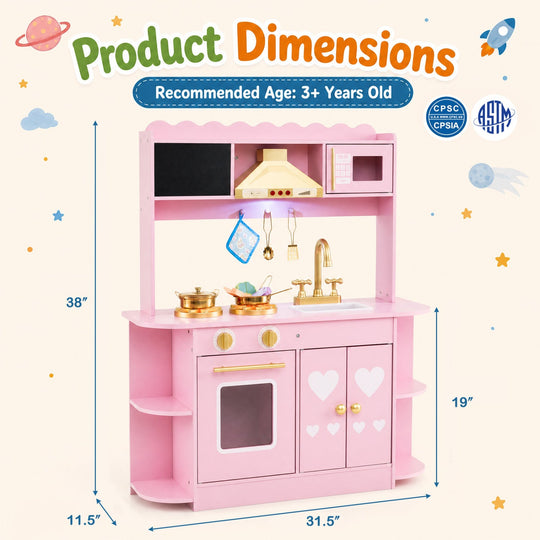 Wooden Play Kitchen with Lights & Sounds for Toddlers 3+