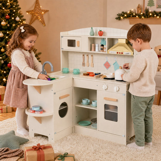 Wooden Play Kitchen Set with Lights & Sounds - White