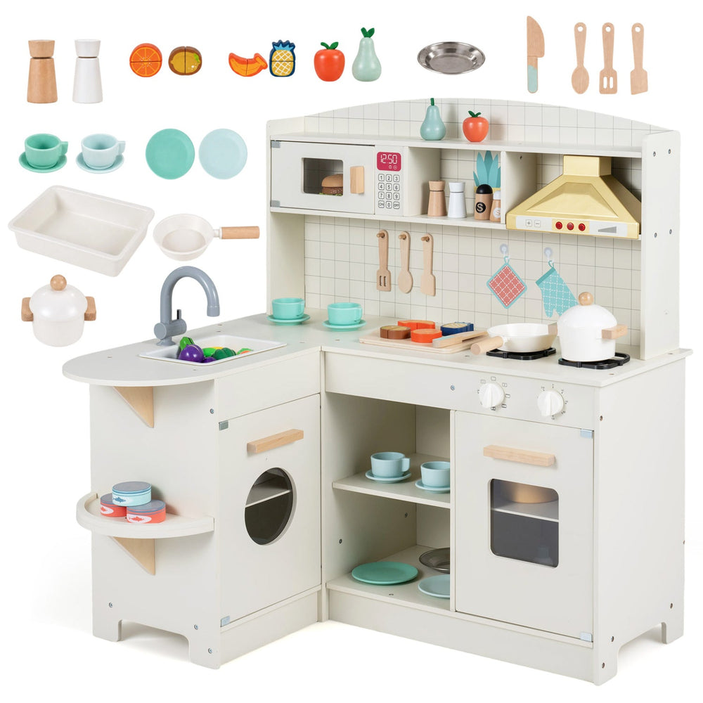 Wooden Play Kitchen Set with Lights & Sounds - White