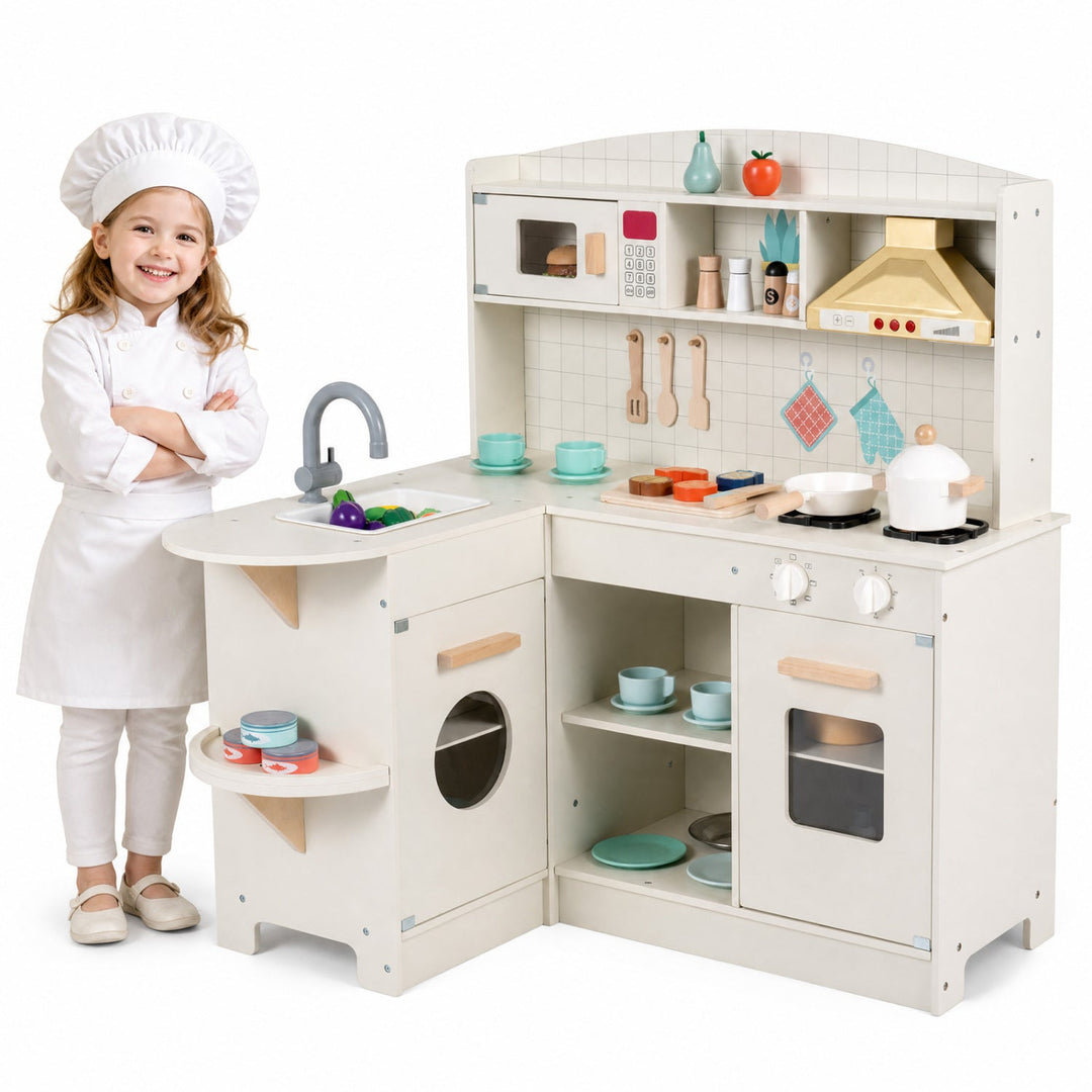 Wooden Play Kitchen Set with Lights & Sounds - White