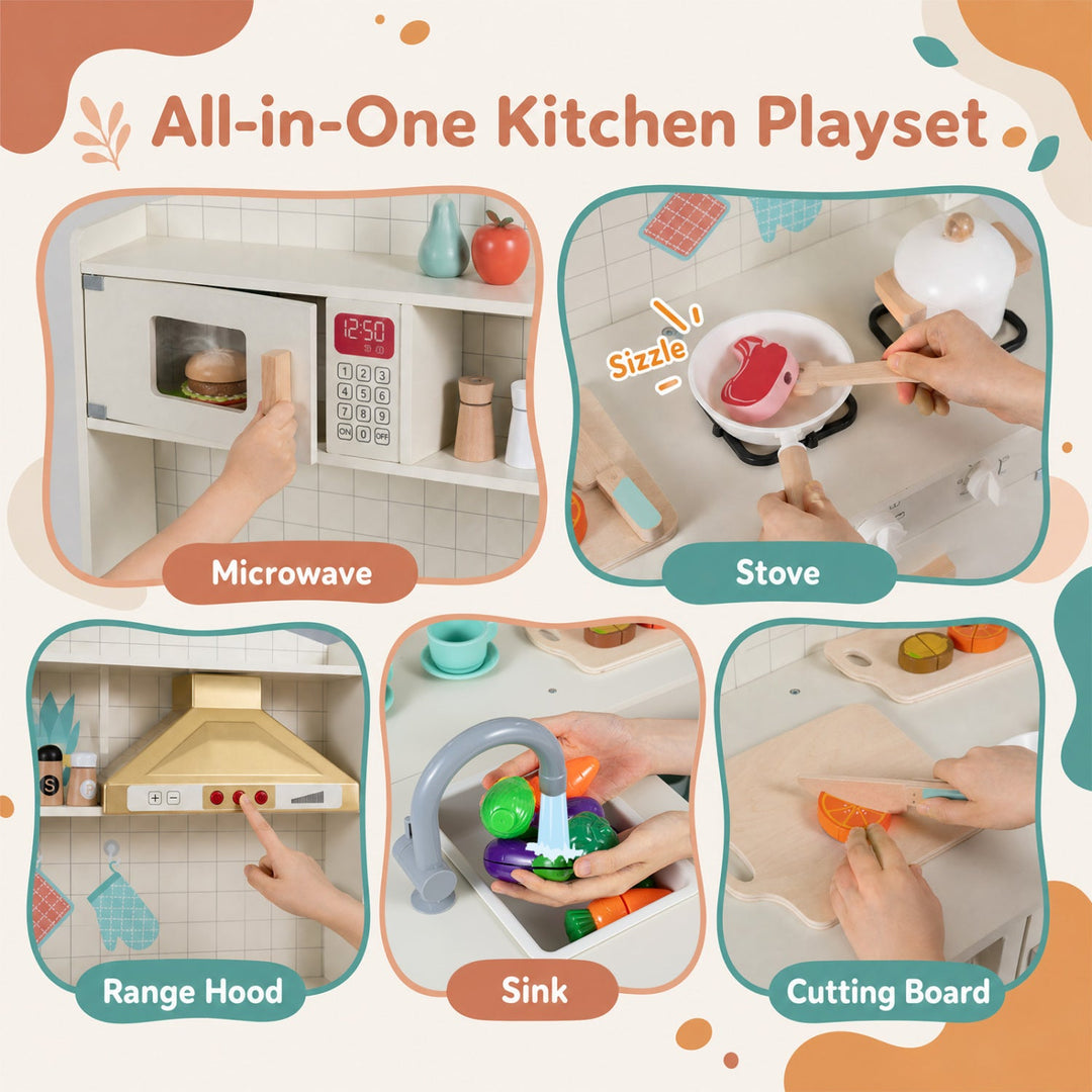 Wooden Play Kitchen Set with Lights & Sounds - White