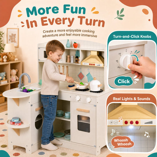Wooden Play Kitchen Set with Lights & Sounds - White