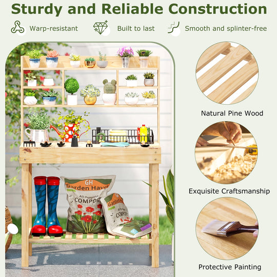 Wooden Potting Bench Table Garden Planting Workstation with 3-Tier Open Shelf