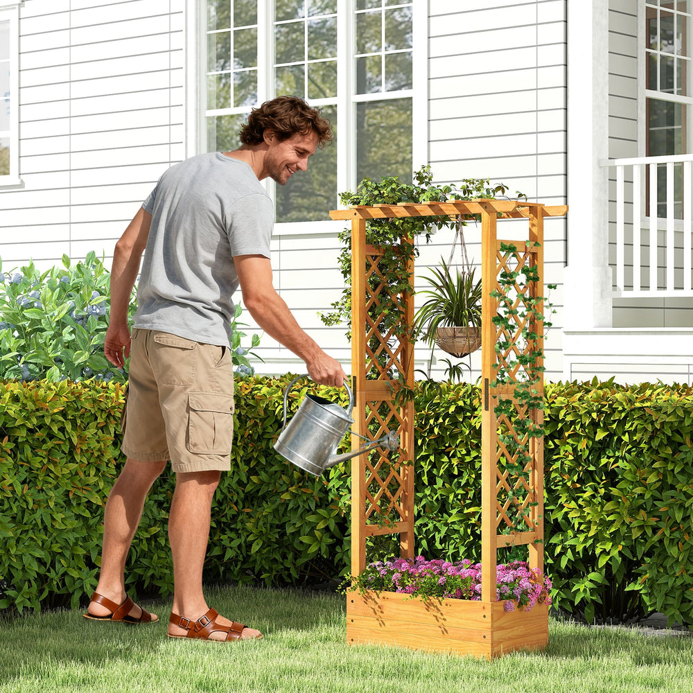 Wooden Raised Garden Bed with Lattice Trellis and Hanging Roof-Orange