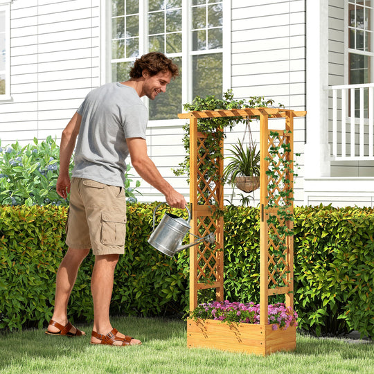 Wooden Raised Garden Bed with Lattice Trellis and Hanging Roof-Orange