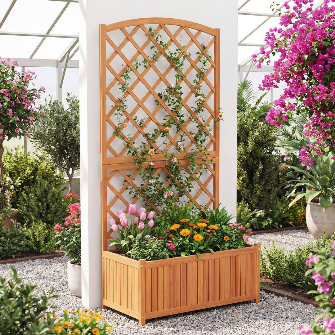 Wooden Raised Garden Bed with Trellis 63 Inch Tall Garden Planter