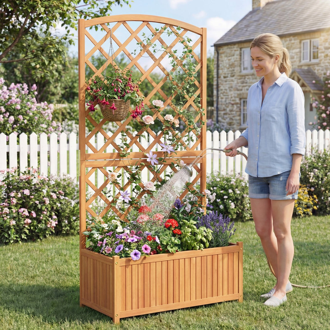 Wooden Raised Garden Bed with Trellis 63 Inch Tall Garden Planter