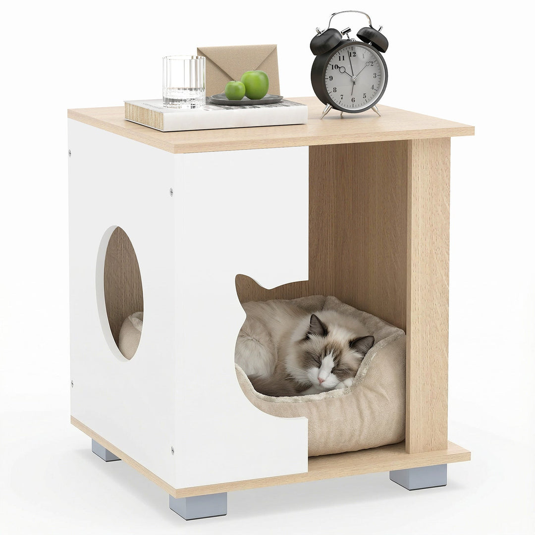 Wooden Semi-enclosed Cat Condo with Kitty Head-shaped Entry and Metal Legs-Natural