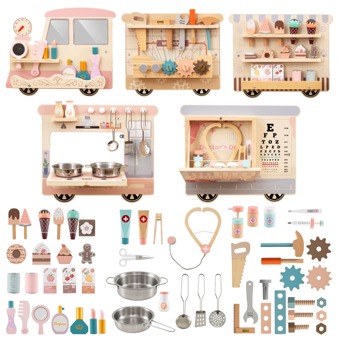 Wooden Sensory Wall Panel with Vanity and Tool Box