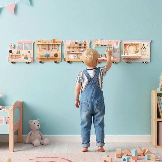 Wooden Sensory Wall Panel with Vanity and Tool Box