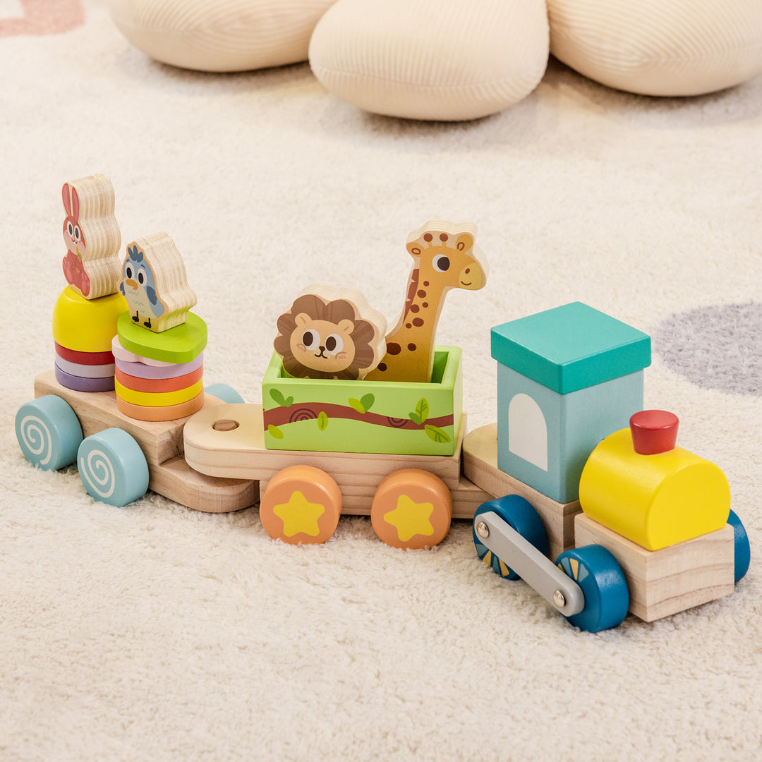 Wooden Stackable Educational Train Set with Colorful Animal Toys and Retractable Locomotive