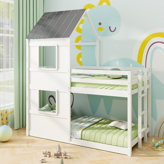 Wooden  Twin Over Twin Bunk Bed with Full-length Safety Guardrail and Ladder-White and Gray