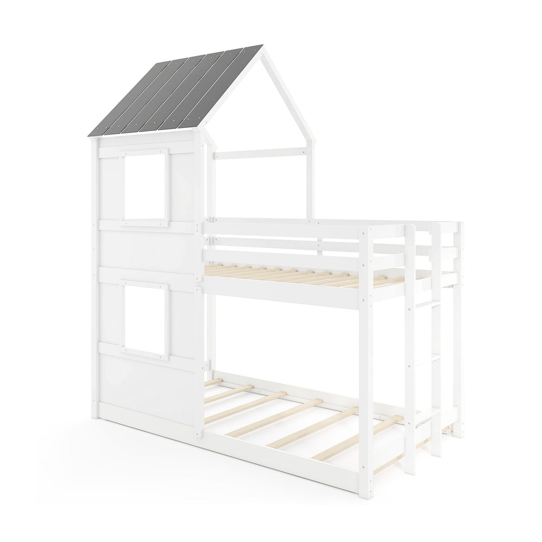 Wooden  Twin Over Twin Bunk Bed with Full-length Safety Guardrail and Ladder-White and Gray