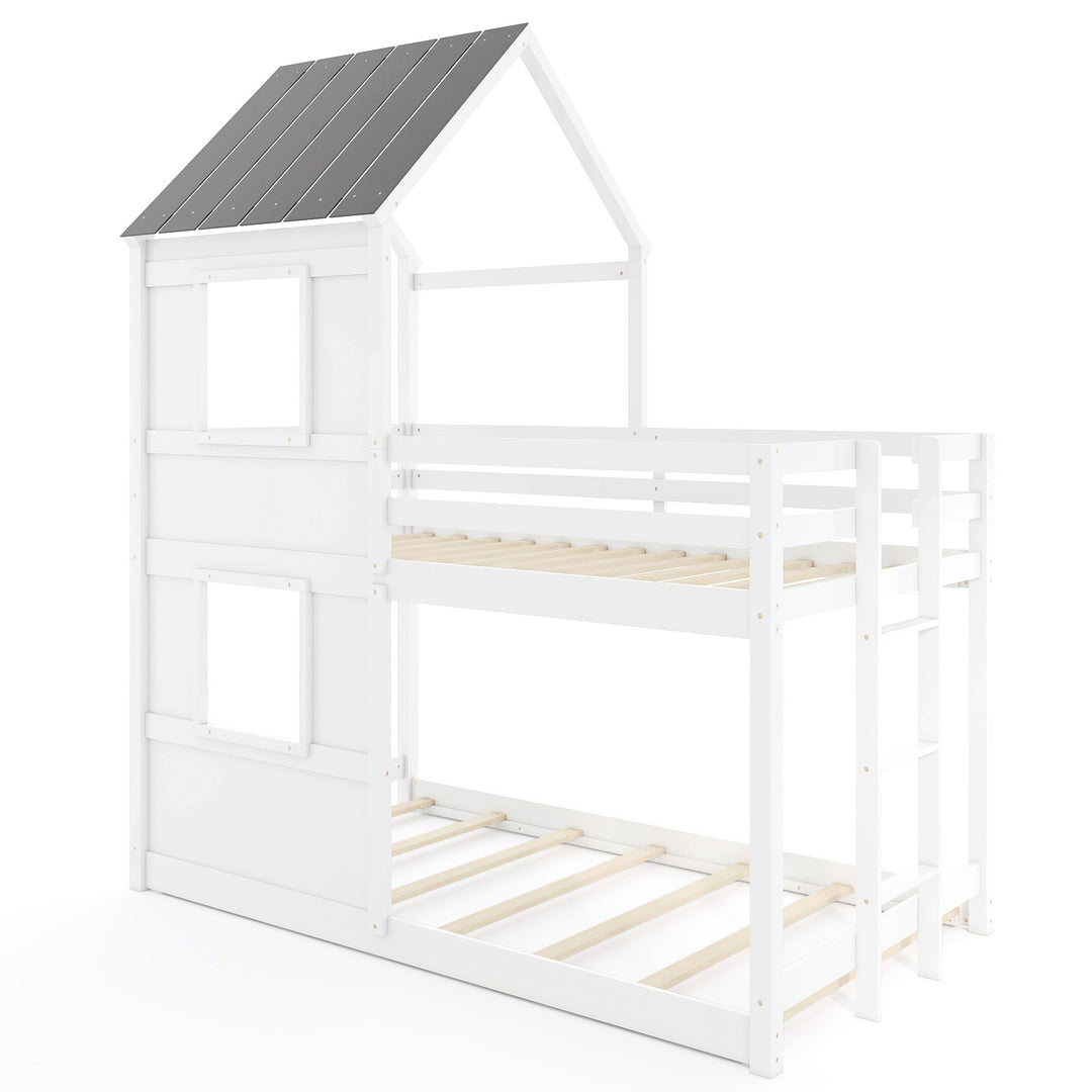 Wooden  Twin Over Twin Bunk Bed with Full-length Safety Guardrail and Ladder-White and Gray