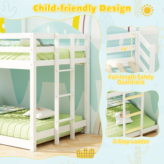 Wooden  Twin Over Twin Bunk Bed with Full-length Safety Guardrail and Ladder-White and Gray