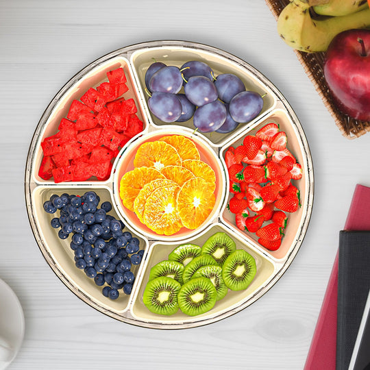 2Pcs Divided Serving Tray with Lid and Handle 360¡ Rotatable Snack Box Container with 6 Dividers Clear Portable Snack Platters for Fruit Candy Nut Sna