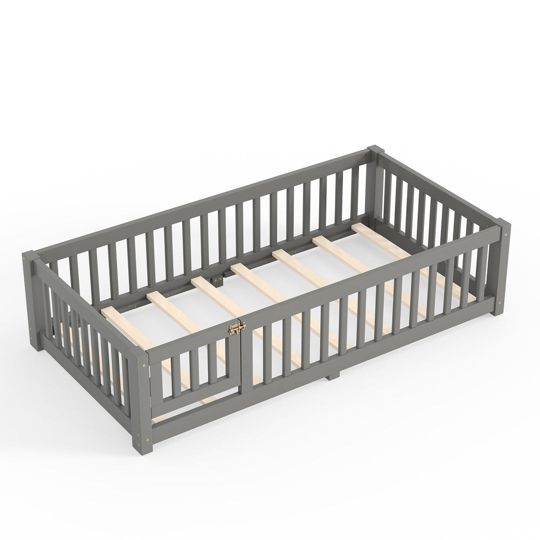Montessori Floor Bed with Safety Guardrails and Lockable Door