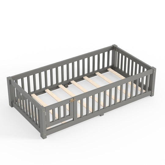 Montessori Floor Bed with Safety Guardrails and Lockable Door
