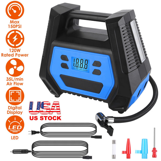 Portable Tire Inflator 150 PSI 120W Max Power Tire Pump with Digital Display LED Light Inflatable Nozzle Needle Fuse Air Compressor for Bikes Motorbik