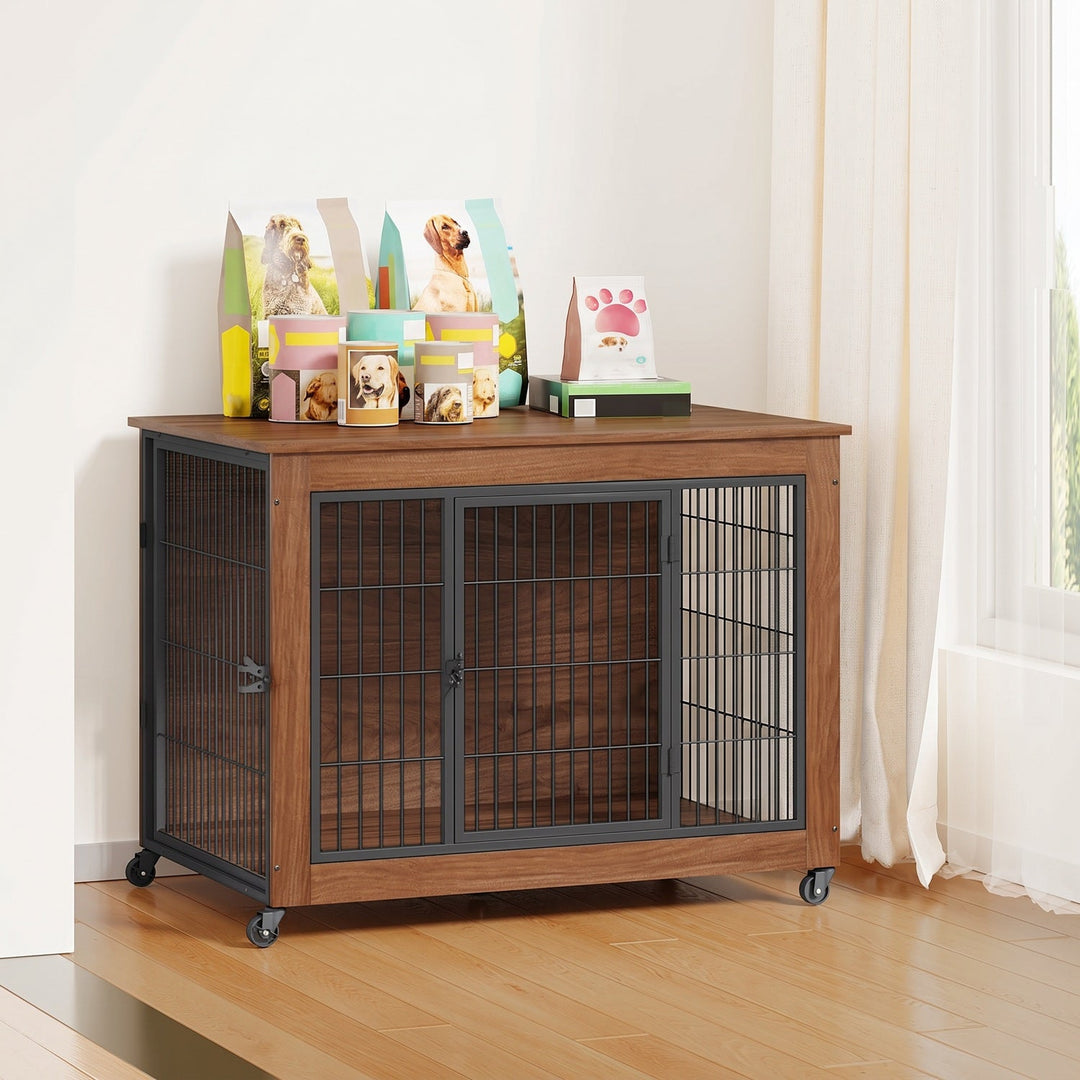 Dog Crate Furniture with Lockable Wheels & Dual Doors