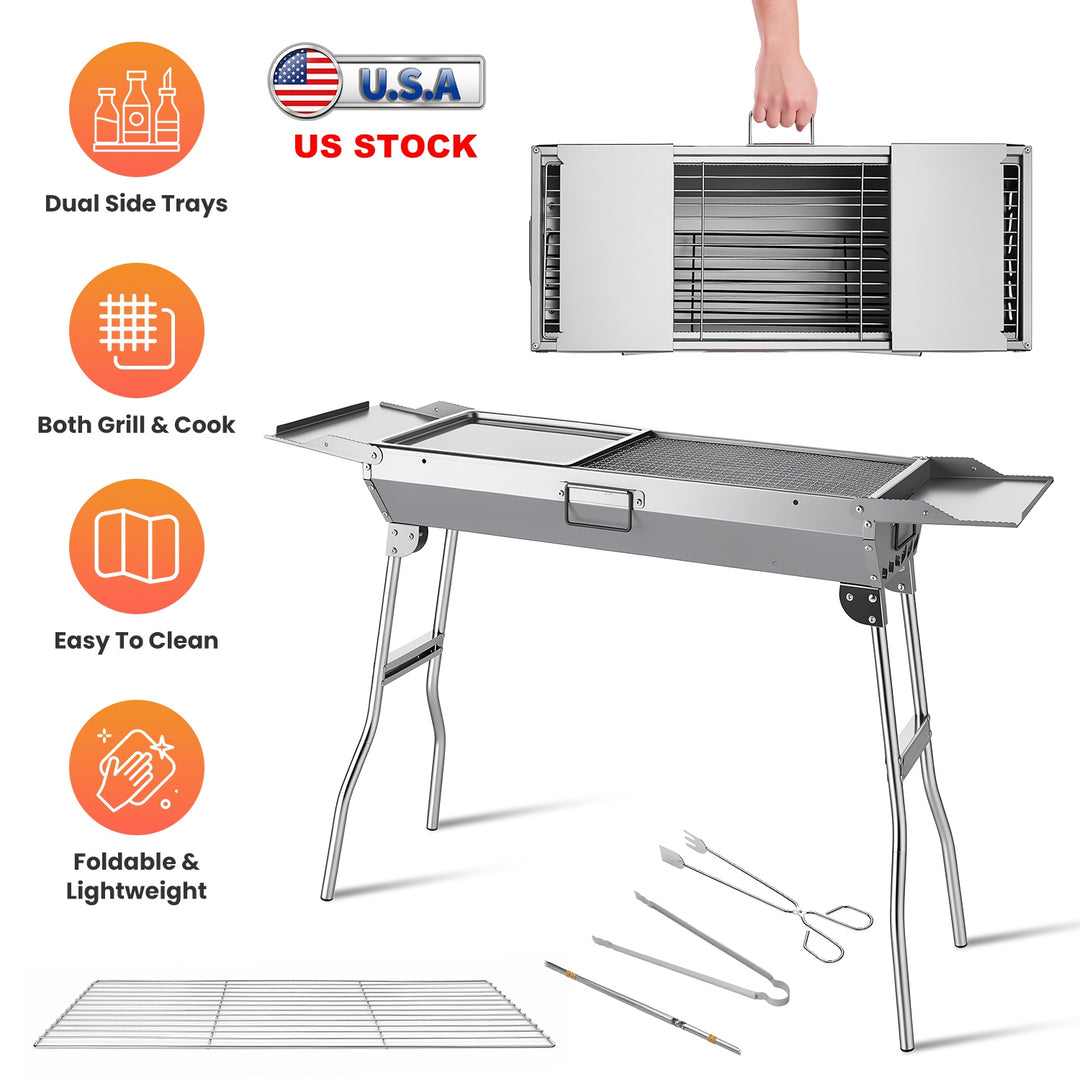 Portable Charcoal Grill with Folding Legs & Side Trays Stainless Steel Outdoor BBQ Grill with Large Cooking Grate Charco