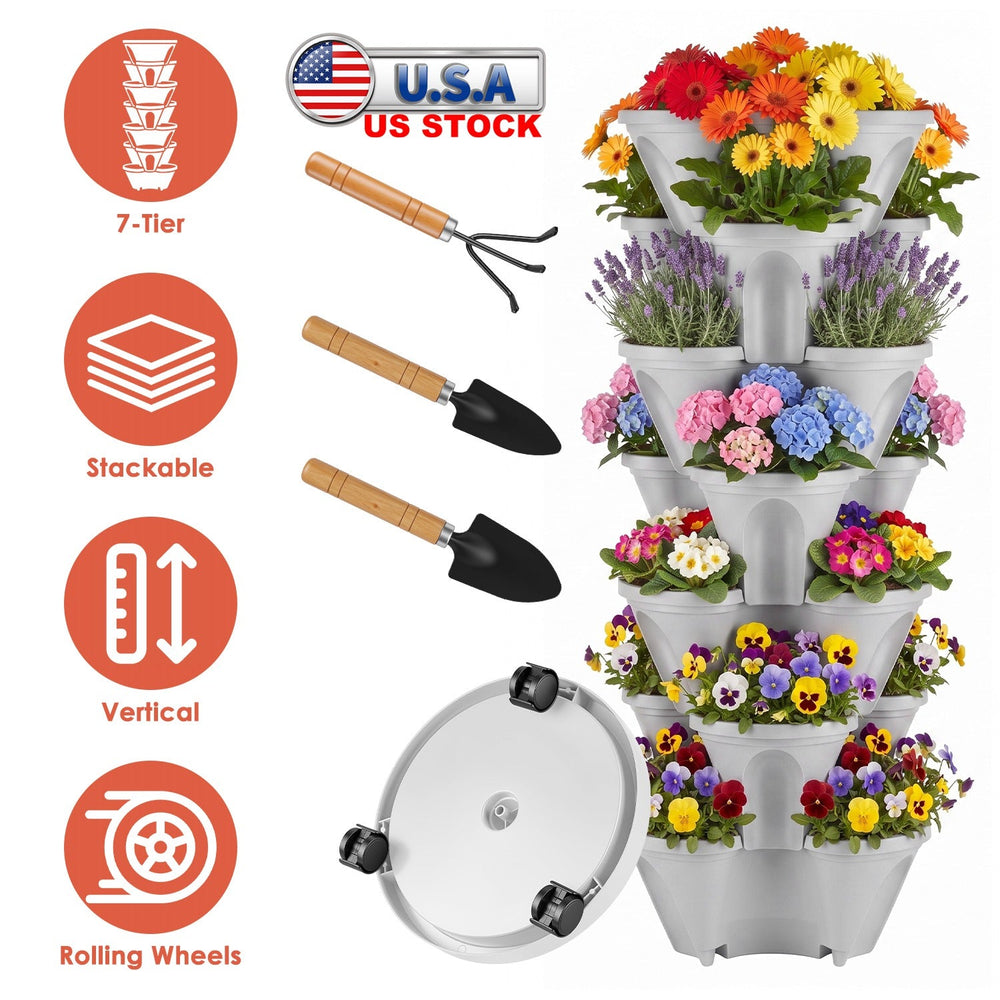 7-Tier Stackable Vertical Planter with Wheels and Drainage