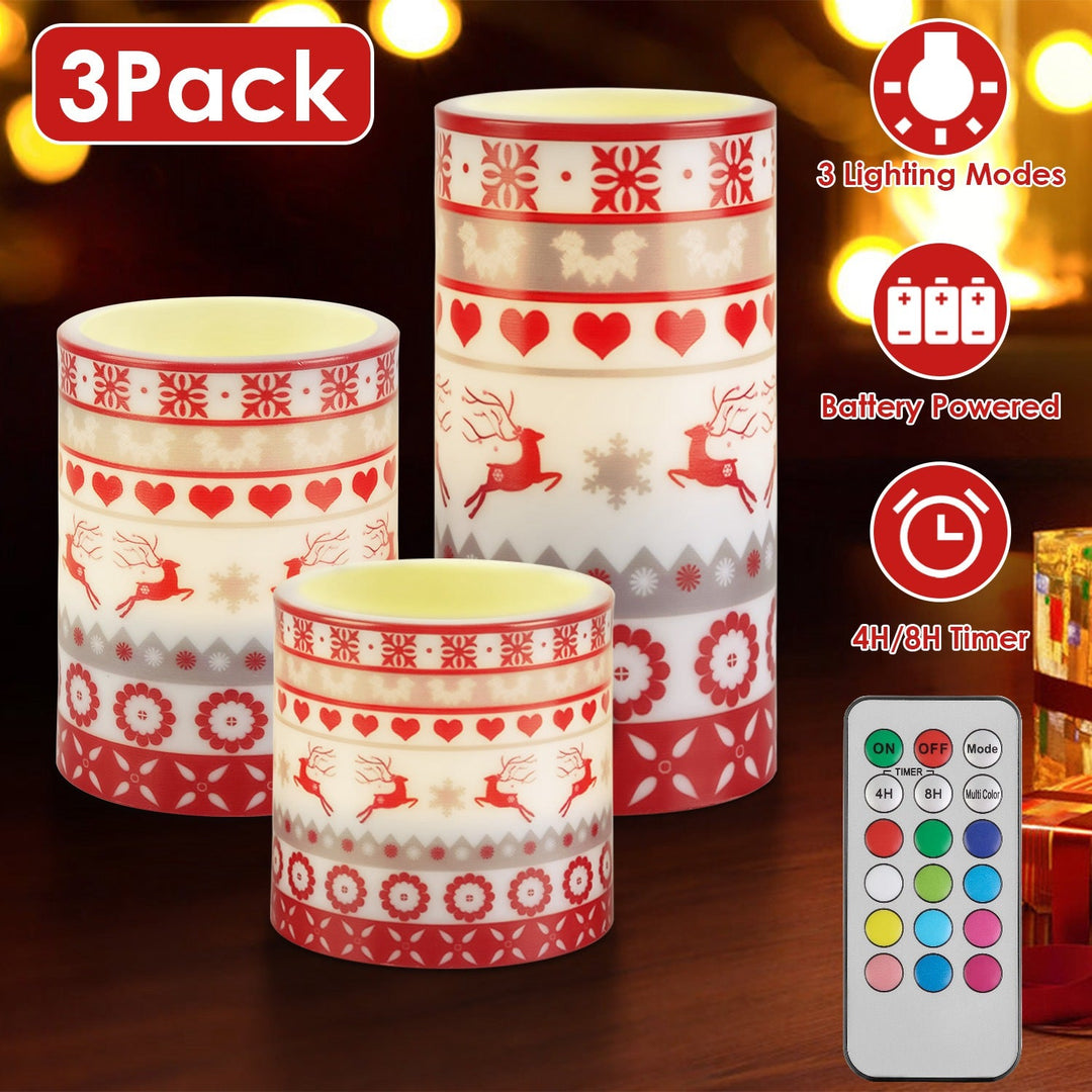 3Pack Christmas Flameless LED Candles Deer Flickering Candle Lights Pillar Candles with 3 Lighting Modes Timer Remote Control
