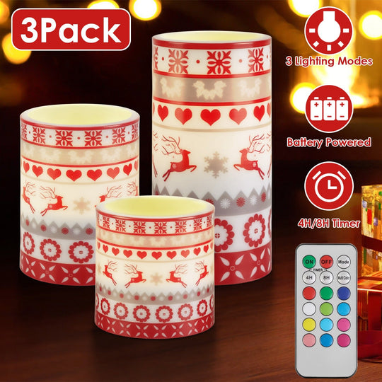 3Pack Christmas Flameless LED Candles Deer Flickering Candle Lights Pillar Candles with 3 Lighting Modes Timer Remote Control