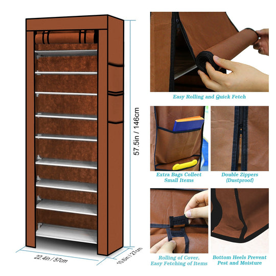 iMounTEK 10 Tiers DIY Shoe Cabinet Dustproof Easy Assemble Tidy Shoe Rack Non-Woven Fabric Holding 27 Pair Shoes Brown
