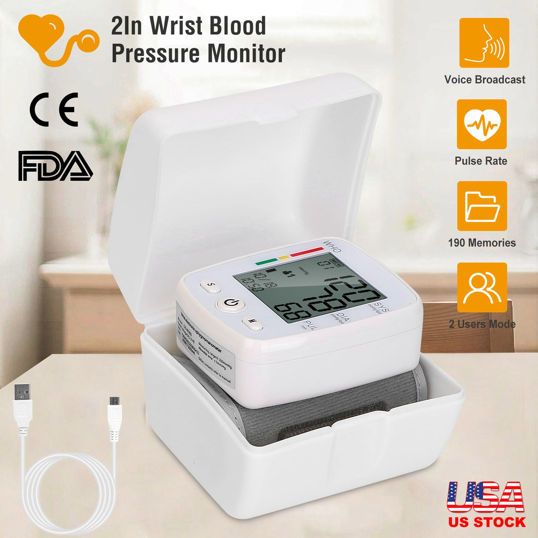 Blood Pressure Monitor Wrist Digital High Blood Pressure Cuff Heartbeat Tester w/ 90x2 Reading Memory 2In LCD Screen Storage Box