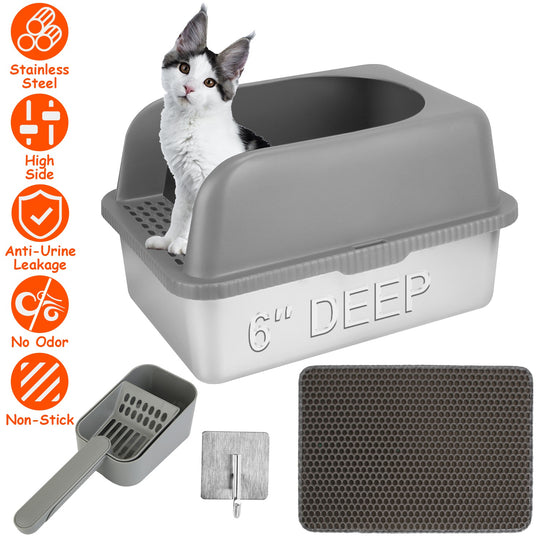 Enclosed Stainless Steel Cat Litter Box with Lid - 20L