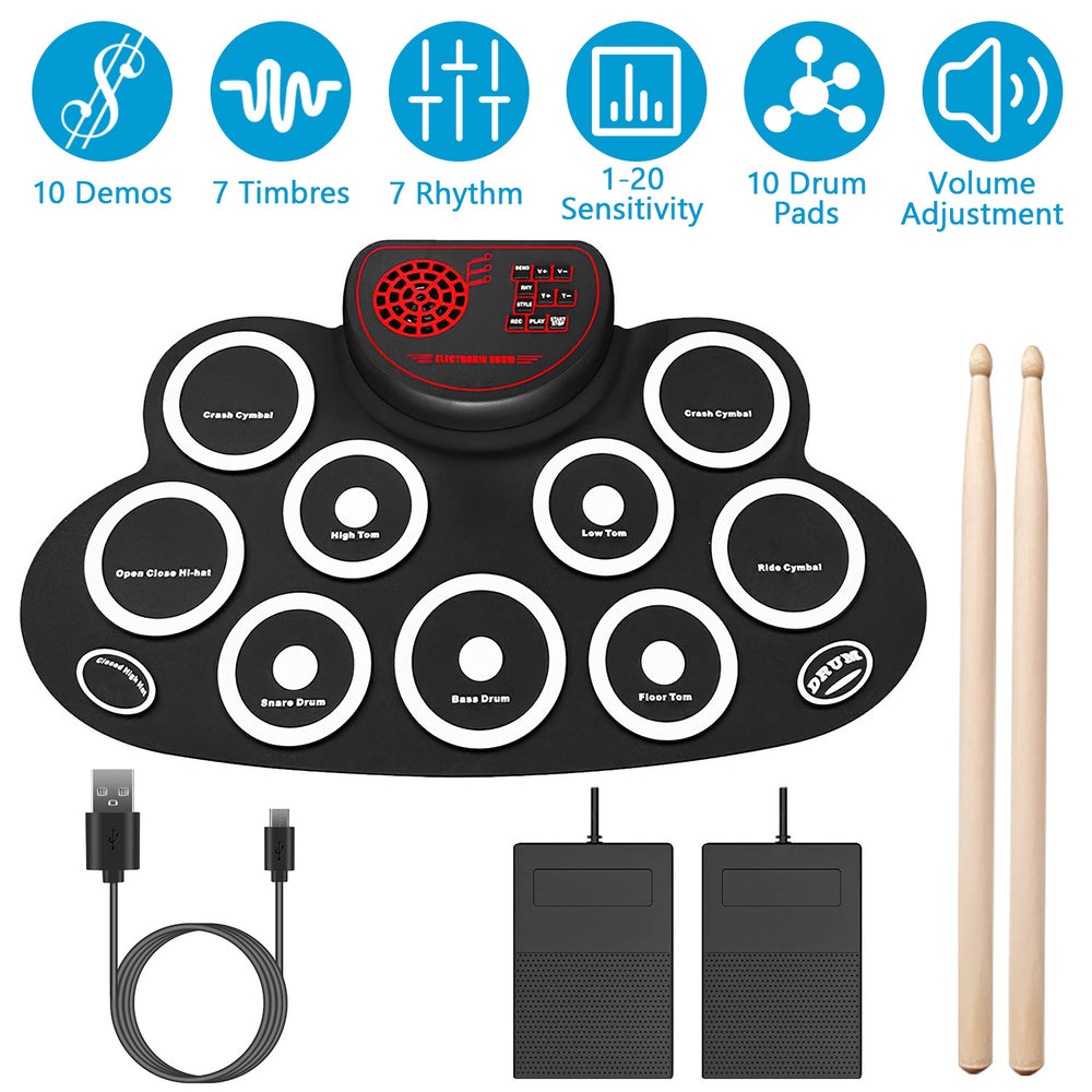 10 Pads Electric Drum Set Foldable 10-Drum Silicon Drum Kit Foldable Electronic Drum Pad Machine with Drum Sticks Headphone Jack Speaker Battery Dual-
