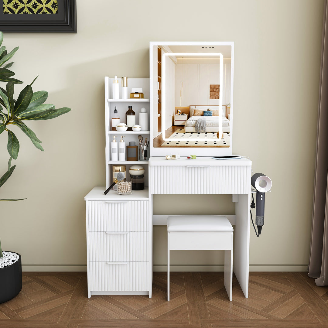 Vanity Desk Set Makeup Dressing Table with Stool, Lighted Mirror, 3 Drawers, 3 Open Shelves, 3 Open Cubbies, Power Stati