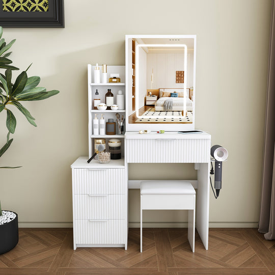 Vanity Desk Set Makeup Dressing Table with Stool, Lighted Mirror, 3 Drawers, 3 Open Shelves, 3 Open Cubbies, Power Stati